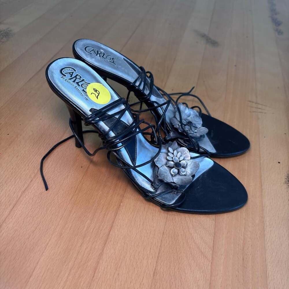 Carlos by Carlos Santana Pulsate Heels 8M Black Silver Floral Strappy